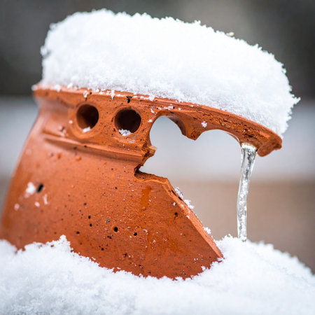 A relic of a forgotten time, this weathered terracotta helmet rests under a blanket of winter snow.の素材