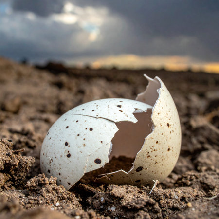 A single, speckled eggshell lies broken on the rough earth, a delicate remnant of a life that has begun.の素材