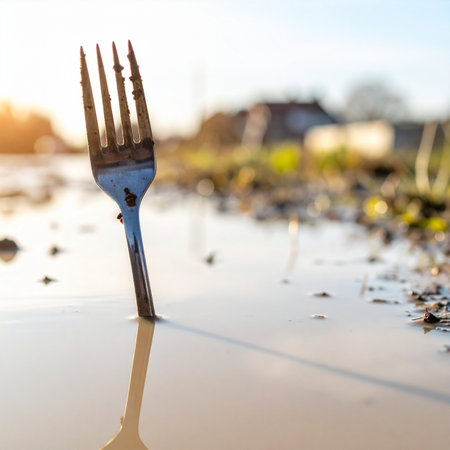 A single metal fork stands abandoned in a muddy puddle, its reflection captured in the still water.の素材