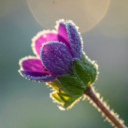A delicate purple wildflower bud is kissed by the first frost of the season.の素材