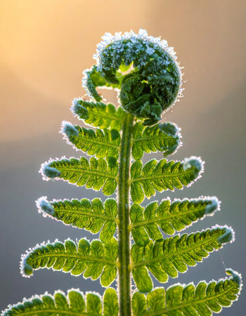 A young fern frond, detailed with delicate ice crystals, unfurls against the warm, golden light of a new day.の素材