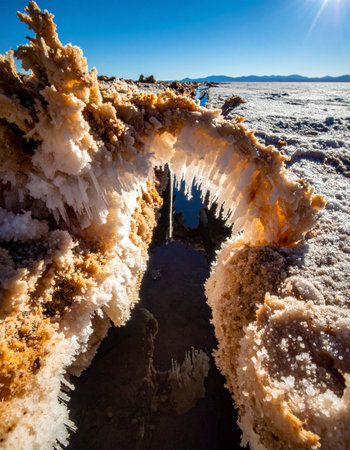 In an extreme, sun-scorched landscape, a delicate arch of salt crystals forms over a dark pool of brine.の素材