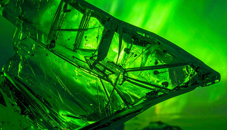 A macro view reveals the intricate, geometric interior of a glowing green crystalline structure.の素材