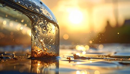As the sun sets in a warm, golden blaze, fresh, clear water pours from a source, creating bubbles and life-giving splashes.の素材