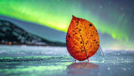 A single, vibrant orange autumn leaf is captured in time, frozen onto a sheet of crystal-clear ice.の素材