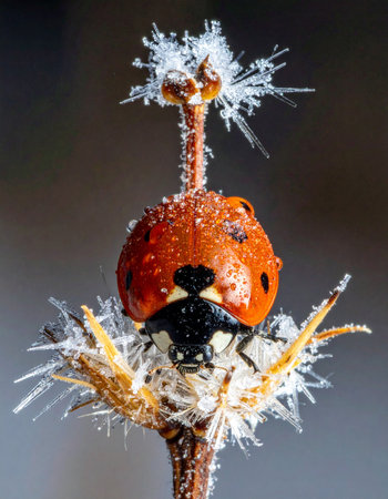In the quiet stillness of a frosty dawn, a lone ladybug is transformed into a winter jewel.の素材