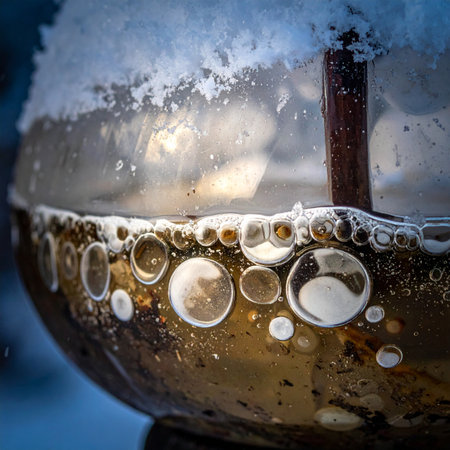 A macro view captures a magical moment where golden bubbles are frozen in time within a glass orb.の素材