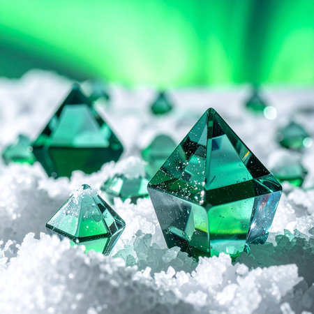 In a landscape of pristine white snow, precious green gems emerge, glowing with an otherworldly light.の素材