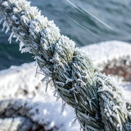 A thick mooring rope is encrusted with sharp, delicate ice crystals after a harsh winter freeze.の素材