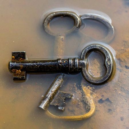 Antique keys lie forgotten at the bottom of a murky puddle, their secrets and the doors they once opened now lost to time.の素材