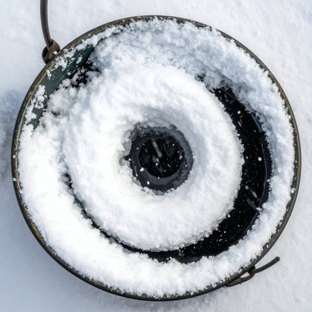 A fresh layer of winter snow creates a mesmerizing spiral pattern in a frozen bird bath.の素材