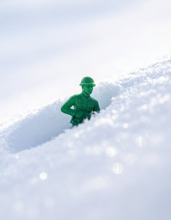 A classic green plastic army man stands guard in a snowy trench.の素材