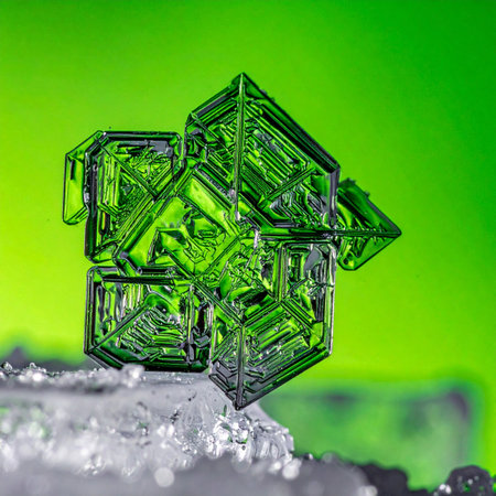A stunning macro photograph captures the intricate, geometric beauty of a vibrant green crystal.の素材