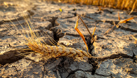 A single stalk of golden wheat lies on the parched, deeply cracked earth, a poignant symbol of a failed harvest.の素材