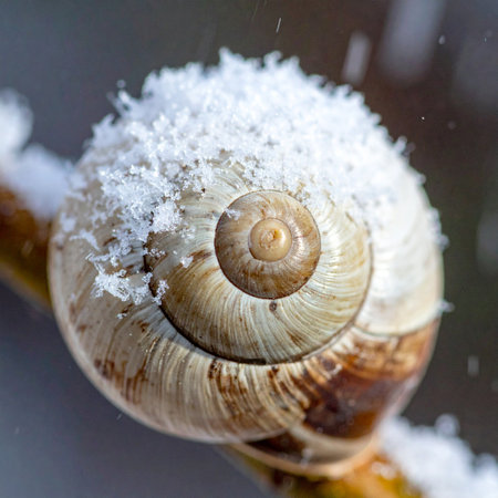 A detailed macro shot captures the quiet resilience of nature as a delicate snail shell, a perfect spiral, is dusted with the first crystals of winter snow.の素材