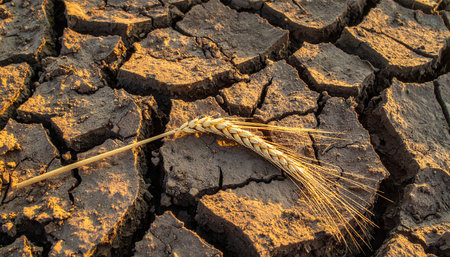 In the golden light of a setting sun, a single stalk of wheat lies as a stark reminder on the parched, cracked earth.の素材