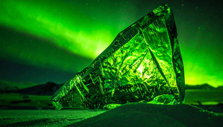 In the heart of a frozen wilderness, a massive iceberg acts as a natural crystal, capturing and amplifying the ethereal green glow of the aurora borealis dancing in the night sky.の素材