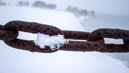 A heavy, rusted industrial chain lies partially buried in fresh snow.の素材