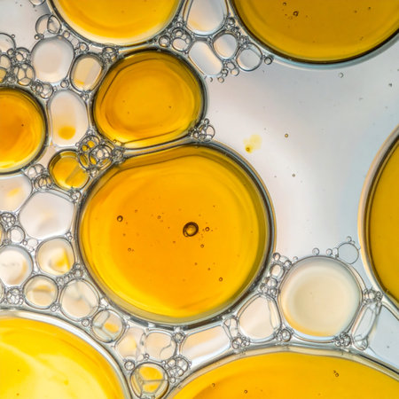 A mesmerizing macro view captures the beautiful interaction between golden oil and clear water.の素材