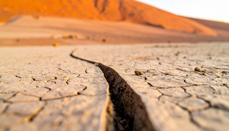 A deep fissure carves a path through the parched desert floor, its cracked patterns glowing under the warm, golden light of a setting sun.の素材