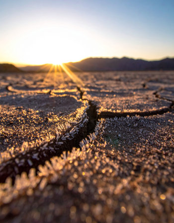The first golden rays of a new day stretch across a parched and fractured landscape.の素材