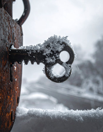 A forgotten skull-shaped key, encrusted with ice crystals, rests in an ancient, rusty lock.の素材