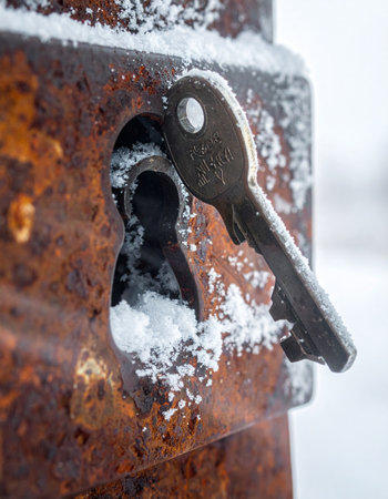 A weathered key, dusted with fresh snow, is inserted into a heavily rusted and frozen lock.の素材