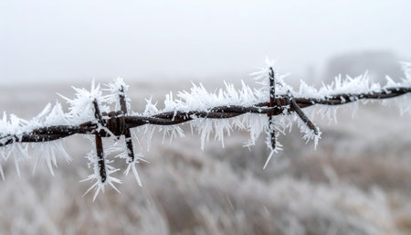 Delicate ice crystals, like tiny daggers, form on a rusty barbed wire fence during a freezing winter morning.の素材