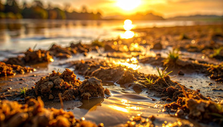 As the sun sets in a blaze of golden light, its warm glow reflects off the freshly watered earth.の素材