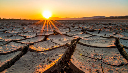 As the sun sets over a parched and cracked desert landscape, its golden rays cast long shadows, highlighting the severe texture of the arid earth.の素材