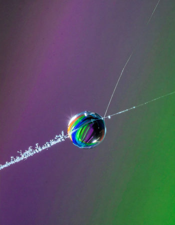 A tiny, perfect sphere of water clings to a delicate spider's silk, capturing a miniature rainbow within its surface.の素材