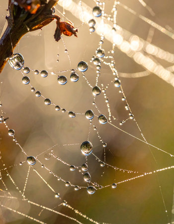 Early morning sunlight catches on a delicate spiderweb, transforming tiny dew drops into a string of glistening jewels.の素材