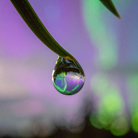 A perfect, crystal-clear water droplet clings to the tip of a leaf, capturing a world of vibrant purple and green light within its tiny sphere.の素材