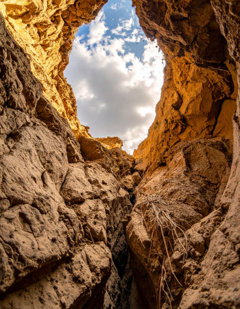 From the cool, shadowed depths of a narrow slot canyon, a view of the bright, cloud-filled sky offers a sense of hope and inspiration.の素材