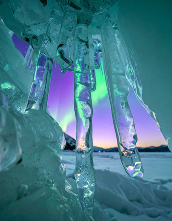 A breathtaking view of the vibrant aurora borealis unfolds through a natural window framed by glistening icicles.の素材