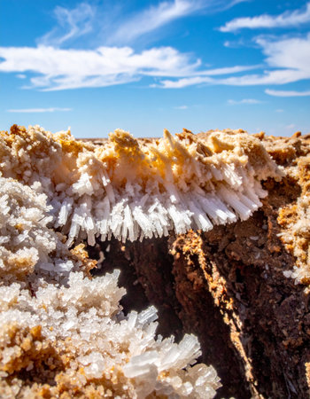 A close-up view reveals the intricate and sharp beauty of salt crystals erupting from the parched, cracked earth of a desert salt flat.の素材