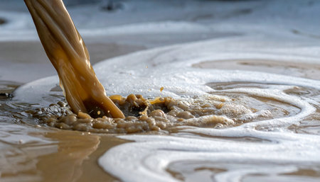 A steady stream of untreated industrial effluent pours into a basin, creating a foamy, contaminated mixture.の素材