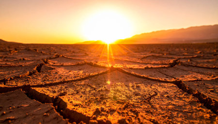 As the sun crests the distant mountains, its golden rays illuminate a vast, parched landscape of cracked earth.の素材