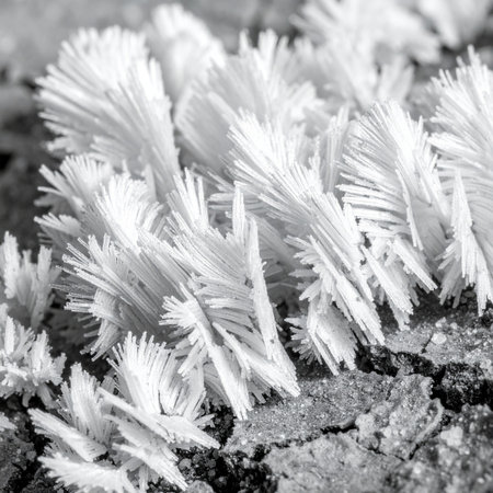 A stunning black and white macro photograph capturing the ephemeral beauty of frost flowers.の素材