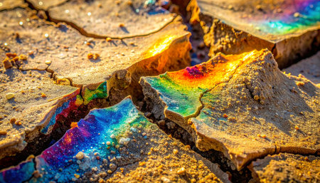 A mesmerizing yet unsettling close-up of an iridescent chemical slick, creating a rainbow of colors across the parched, cracked earth.の素材