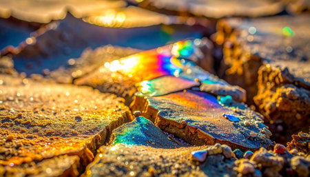 In the heart of a sun-scorched, fractured landscape, an unexpected treasure reveals itself.の素材