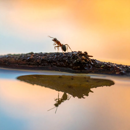 A solitary ant pauses at the water's edge during a magnificent golden hour sunset.の素材
