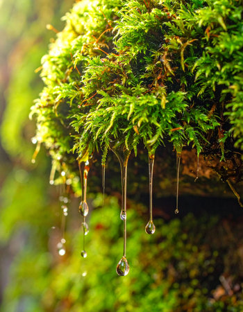 In a serene, sun-dappled forest, fresh rainwater clings to vibrant green moss.の素材
