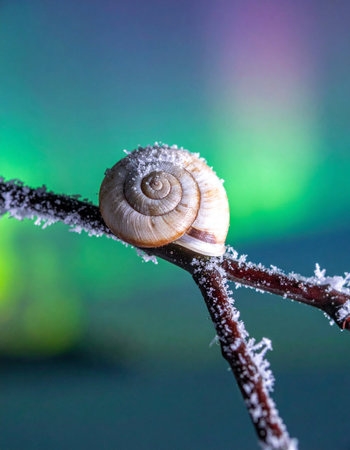 A tiny snail, adorned with a delicate spiral shell, rests on a branch covered in sparkling frost.の素材