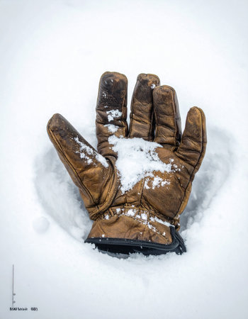 A single, weathered brown leather glove lies forgotten in a pristine blanket of fresh snow.の素材
