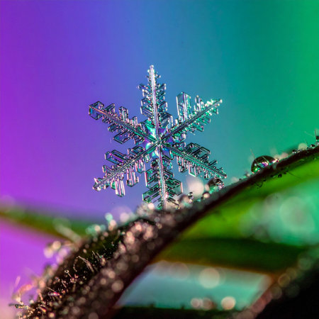 A single, perfectly symmetrical snowflake is captured in stunning macro detail, its intricate crystalline structure glowing against a vibrant, dreamlike background of purple, blue, and green.の素材