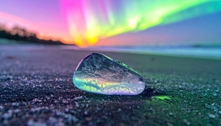 A smooth piece of sea glass rests on the dark sand, capturing and refracting the magnificent, colorful display of the aurora borealis in the sky above.の素材