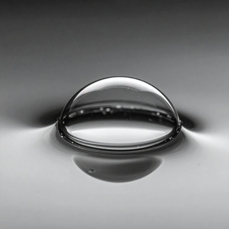 A single, perfect bead of water rests on a smooth, reflective surface, its form captured in stunning black and white macro detail.の素材