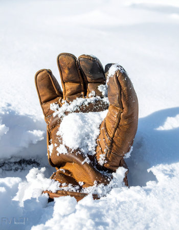 A single brown leather work glove, weathered and worn, stands forgotten in the deep, bright snow.の素材