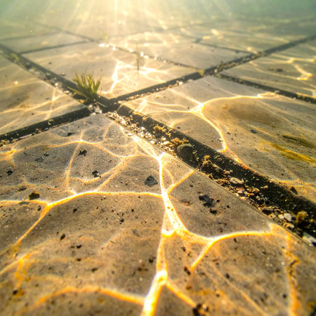 Golden sunlight filters through the clear water, creating a mesmerizing dance of caustic light patterns on a mysterious grid submerged on the sandy seabed.の素材
